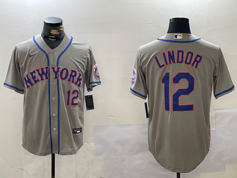 Men New York Mets #12 Lindor Grey Game 2024 Nike MLB Jersey style 2